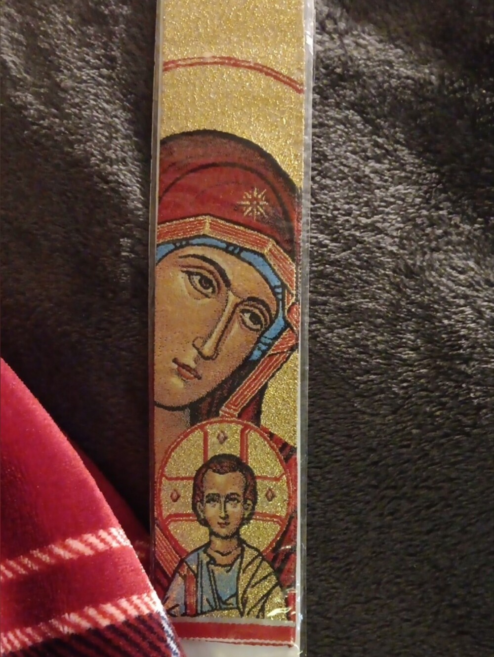 Religious Icon Hand Stitched BookMark – Gold and Red Virgin Mary